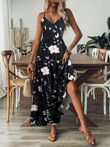 Women's Floral Maxi Dress, Spaghetti Strap, White with Blue and Pink Flowers, Tiered Design in Saudi Arabia