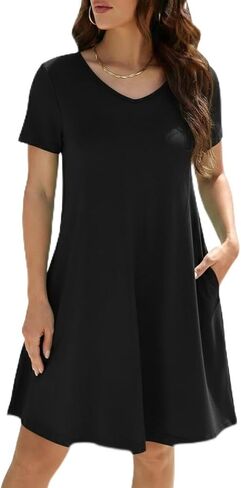 KORSIS Dresses for Women Casual T-Shirt Summer Short Sleeve Loose Comfy Dress Swing Flowy Beach Vacation Sundress with Pocket in Kuwait
