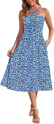 فستان Zattcas للسيدات 2026 صيفي متقاطع مكشكش مع رسن متوسط ​​الطول فستان شاطئ طويل منقوش عليه زهور مع جيوب in Kuwait