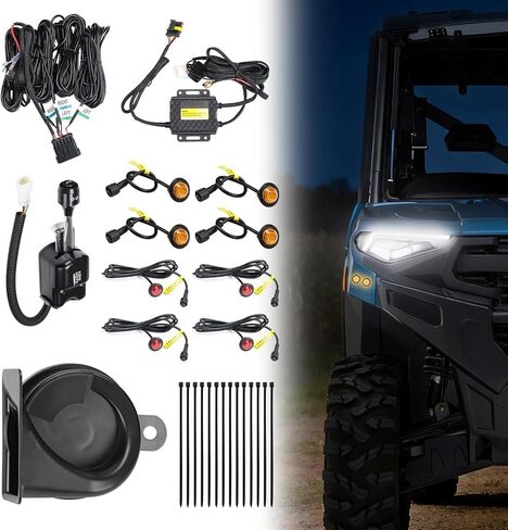 مجموعة إشارة الانعطاف KEMIMOTO UTV مع 8 مصابيح خطر، قرن 110 ديسيبل 12 فولت، وميض قانوني للشارع مزود بسلك مسبق التوصيل والتشغيل مع مفتاح دوران العمود، متوافق مع Polaris Ranger، General، RZR، Can-Am X3 in Saudi Arabia