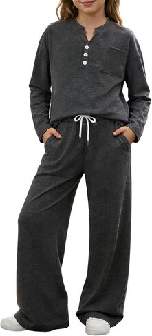 Size 7-14 Years Girls Clothes 2 Piece Spring Outfits Henley Tops&Wide Leg Pants With Pockets Fall Sets in Saudi Arabia
