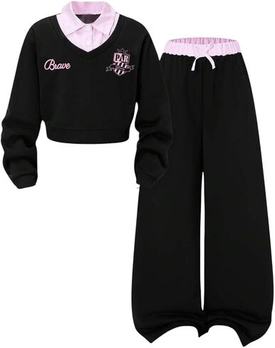 Girls 2-Piece Clothes 2 In 1 Collared V-Neck Sweatshirt Wide Leg Contrast Color Pants Winter 7-14Y Outfits Set in Saudi Arabia