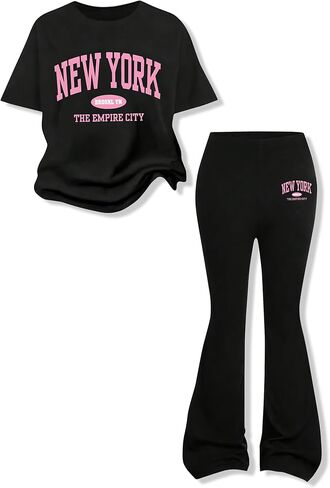 Girls Clothes Tween Girl 2 Piece Outfits NEW YORK Short Sleeve & Flare Pants Kids Clothing Set Sizes 8-12 Years in Saudi Arabia