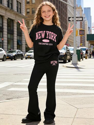 Girls Clothes Tween Girl 2 Piece Outfits NEW YORK Short Sleeve & Flare Pants Kids Clothing Set Sizes 8-12 Years in Saudi Arabia