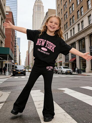 Girls Clothes Tween Girl 2 Piece Outfits NEW YORK Short Sleeve & Flare Pants Kids Clothing Set Sizes 8-12 Years in Saudi Arabia