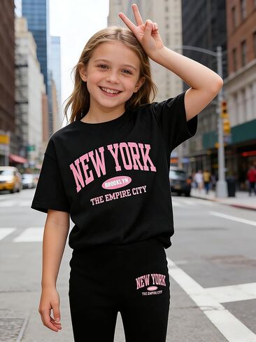 Girls Clothes Tween Girl 2 Piece Outfits NEW YORK Short Sleeve & Flare Pants Kids Clothing Set Sizes 8-12 Years in Saudi Arabia