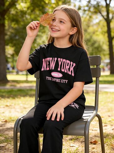 Girls Clothes Tween Girl 2 Piece Outfits NEW YORK Short Sleeve & Flare Pants Kids Clothing Set Sizes 8-12 Years in Saudi Arabia