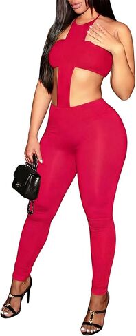 Kafiloe Sexy 2 Piece Club Outfits for Women Clubwear Tube Crop Top Halter Cut Out Bodycon Jumpsuits Set Birthday in Saudi Arabia