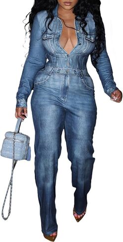 بذلة طويلة الأكمام للنساء من قماش الدنيم المطبوع بأزرار سفلية قطعة واحدة كاجوال مستقيمة طويلة in Kuwait