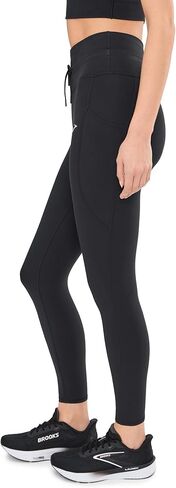 بنطال Brooks النسائي Luxe Tight، عالي الأداء، ناعم جدًا، جيوب للهاتف، رباط قابل للتعديل للجري والتدريبات - أسود - صغير in Kuwait