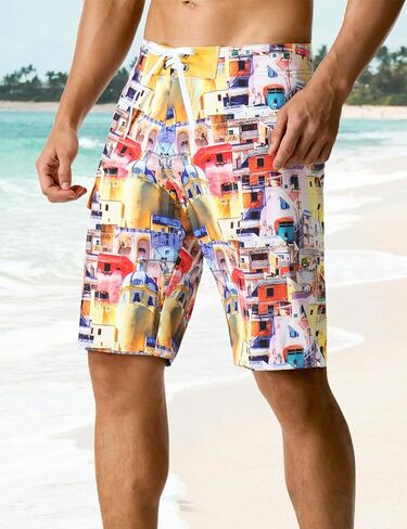 Men's Swim Trunks Grid Printed Elastic Quick Dry Beach Shorts with Lining in Saudi Arabia