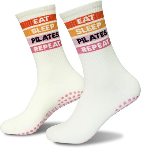 جوارب بيلاتيس لطيفة - علامة تكرار البيلاتيس للأكل والنوم، أفضل هدايا الاستوديو للنساء والفتيات - جوارب ذات قبضة دائرية باللون البيج للتمرين المصلح وحياة البيلاتس اليومية (183) in Kuwait