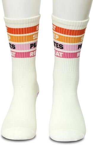 جوارب بيلاتيس لطيفة - علامة تكرار البيلاتيس للأكل والنوم، أفضل هدايا الاستوديو للنساء والفتيات - جوارب ذات قبضة دائرية باللون البيج للتمرين المصلح وحياة البيلاتس اليومية (183) in Kuwait