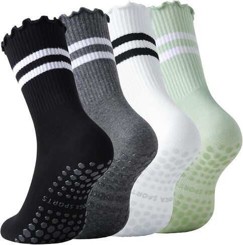 جوارب SIONCY بيلاتيس مع مقابض للنساء من القطن المكشكش غير القابل للانزلاق لليوجا لتمارين الباليه 4 أزواج in Kuwait