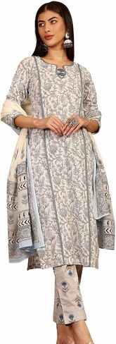 Women's Cotton Blend Floral Print Kurta Set with Dupatta, Pink, 3/4 Sleeve, Regular Fit, 3 Pieces in Saudi Arabia