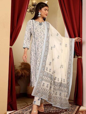 Women's Cotton Blend Floral Print Kurta Set with Dupatta, Pink, 3/4 Sleeve, Regular Fit, 3 Pieces in Saudi Arabia