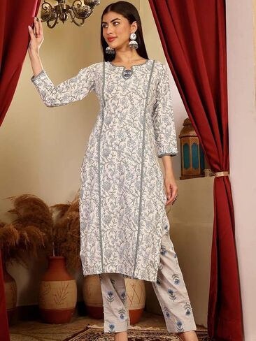 Women's Cotton Blend Floral Print Kurta Set with Dupatta, Pink, 3/4 Sleeve, Regular Fit, 3 Pieces in Saudi Arabia