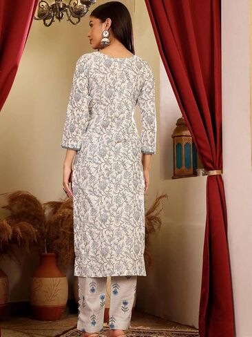 Women's Cotton Blend Floral Print Kurta Set with Dupatta, Pink, 3/4 Sleeve, Regular Fit, 3 Pieces in Saudi Arabia