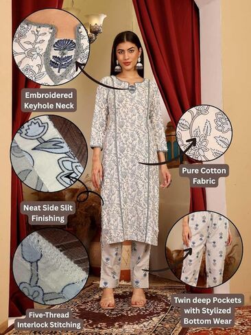 Women's Cotton Blend Floral Print Kurta Set with Dupatta, Pink, 3/4 Sleeve, Regular Fit, 3 Pieces in Saudi Arabia