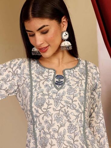Women's Cotton Blend Floral Print Kurta Set with Dupatta, Pink, 3/4 Sleeve, Regular Fit, 3 Pieces in Saudi Arabia