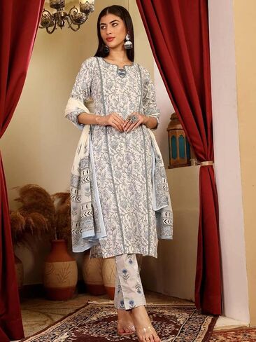 Women's Cotton Blend Floral Print Kurta Set with Dupatta, Pink, 3/4 Sleeve, Regular Fit, 3 Pieces in Saudi Arabia