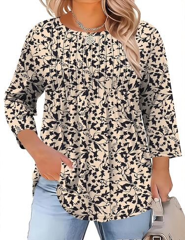 TFSDOD Womens Plus Size Tops 3/4 Length Sleeve Womens Tops Crewneck Pleated Boho Tunic Casual Shirts XL-5X in Saudi Arabia