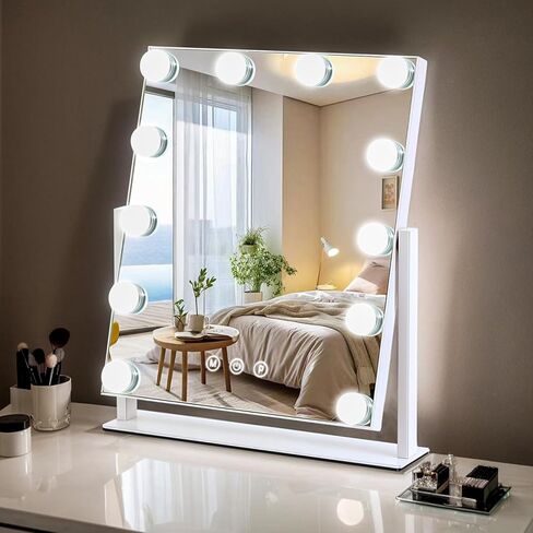 Vanity Mirror with Lights, 13'' x 11'' Lighted Makeup Mirror for Desk, Hollywood Mirror with 12 Dimmable Bulbs, 3 Color Modes, Smart Touch Control, 360°Rotation, Gifts for Women in Saudi Arabia