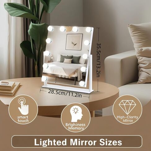 Vanity Mirror with Lights, 13'' x 11'' Lighted Makeup Mirror for Desk, Hollywood Mirror with 12 Dimmable Bulbs, 3 Color Modes, Smart Touch Control, 360°Rotation, Gifts for Women in Saudi Arabia
