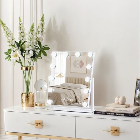 Vanity Mirror with Lights, 13'' x 11'' Lighted Makeup Mirror for Desk, Hollywood Mirror with 12 Dimmable Bulbs, 3 Color Modes, Smart Touch Control, 360°Rotation, Gifts for Women in Saudi Arabia