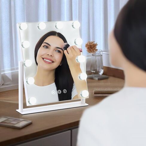 Vanity Mirror with Lights, 13'' x 11'' Lighted Makeup Mirror for Desk, Hollywood Mirror with 12 Dimmable Bulbs, 3 Color Modes, Smart Touch Control, 360°Rotation, Gifts for Women in Saudi Arabia