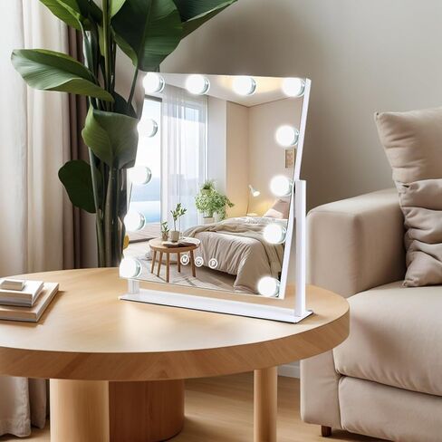 Vanity Mirror with Lights, 13'' x 11'' Lighted Makeup Mirror for Desk, Hollywood Mirror with 12 Dimmable Bulbs, 3 Color Modes, Smart Touch Control, 360°Rotation, Gifts for Women in Saudi Arabia
