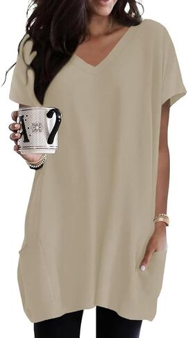 Poetsky الصيف المرأة تونك القمم لطماق مع جيوب Vneck قصيرة الأكمام عادية طويلة تي شيرت S-3XL in Saudi Arabia
