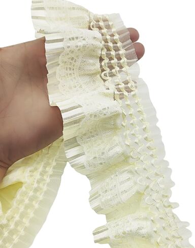 2 Yards White Lace Vintage Pleated Chiffon Lace Trims Ribbons Stretchy Lace for Bridal Wedding Decorations Sewing Supplies DIY Craft Handmade Costume Decoration - 3.5"Inch in Kuwait