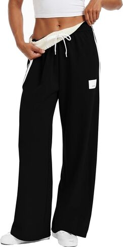 Womens Track Pants Athletic Running Pants Sweatpants Straight Leg Cotton Fold-Over Sports Jogging Striped Loose Fit in Saudi Arabia