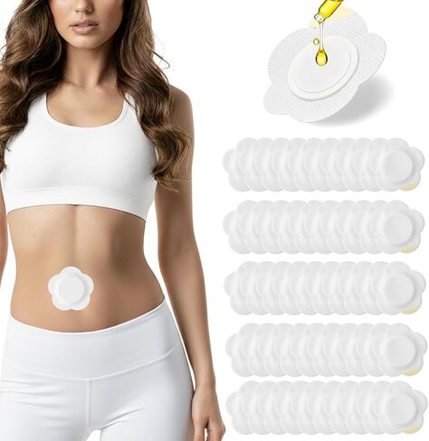 رقعة زر البطن بزيت الخروع - 50 قطعة من لفافات زيت الخروع للاستعمال مرة واحدة مع وسادة من القطن العضوي، غطاء رقعة زر البطن مانع للتسرب، مسامي وصديق للبشرة in Kuwait