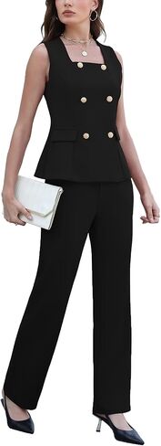 Women's 2 Piece Blazer Outfits Square Neck Sleeveless Vest High Waist Pants Suit Set for Business Casual Office Work in Saudi Arabia