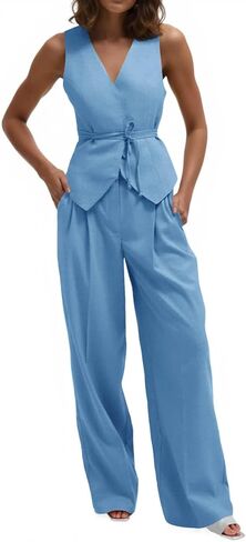 Cicy Bell Womens 2 Piece Outfits V Neck Tie Waist Blazer Vest and Wide Leg Business Casual Suit Pants Sets in Saudi Arabia