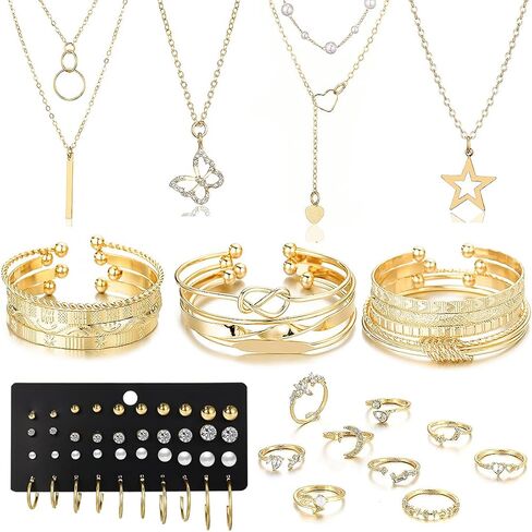 46Pcs Gold Jewelry Set for Women with 5 Necklace, 12 Bracelet, 5 Hoop Earrings, 15 Stud Earrings and 9 Rings Jewelry Set For Gifts for Women. in Kuwait