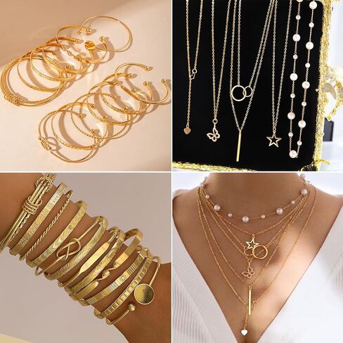 46Pcs Gold Jewelry Set for Women with 5 Necklace, 12 Bracelet, 5 Hoop Earrings, 15 Stud Earrings and 9 Rings Jewelry Set For Gifts for Women. in Kuwait