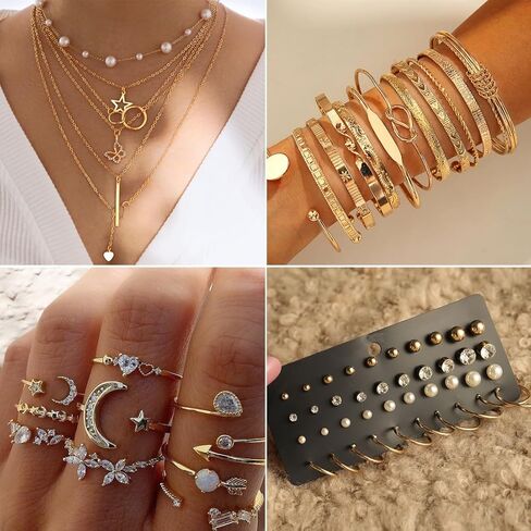 46Pcs Gold Jewelry Set for Women with 5 Necklace, 12 Bracelet, 5 Hoop Earrings, 15 Stud Earrings and 9 Rings Jewelry Set For Gifts for Women. in Kuwait