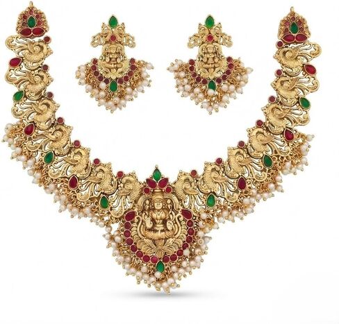 Temple Jewelry Necklace Set for Women – Gold Plated Goddess Lakshmi Design Statement Necklace with Matching Earrings, Green & Red Stones, Traditional Indian Bridal Wedding Jewelry in Saudi Arabia