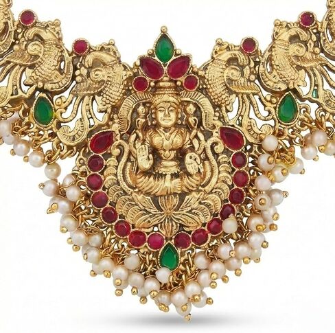 Temple Jewelry Necklace Set for Women – Gold Plated Goddess Lakshmi Design Statement Necklace with Matching Earrings, Green & Red Stones, Traditional Indian Bridal Wedding Jewelry in Saudi Arabia