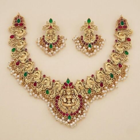 Temple Jewelry Necklace Set for Women – Gold Plated Goddess Lakshmi Design Statement Necklace with Matching Earrings, Green & Red Stones, Traditional Indian Bridal Wedding Jewelry in Saudi Arabia
