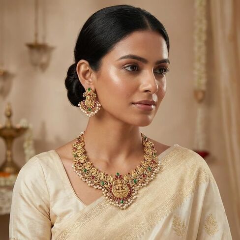 Temple Jewelry Necklace Set for Women – Gold Plated Goddess Lakshmi Design Statement Necklace with Matching Earrings, Green & Red Stones, Traditional Indian Bridal Wedding Jewelry in Saudi Arabia