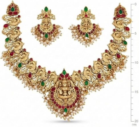 Temple Jewelry Necklace Set for Women – Gold Plated Goddess Lakshmi Design Statement Necklace with Matching Earrings, Green & Red Stones, Traditional Indian Bridal Wedding Jewelry in Saudi Arabia