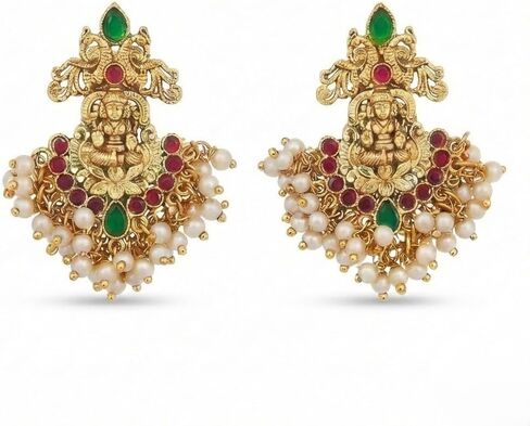 Temple Jewelry Necklace Set for Women – Gold Plated Goddess Lakshmi Design Statement Necklace with Matching Earrings, Green & Red Stones, Traditional Indian Bridal Wedding Jewelry in Saudi Arabia