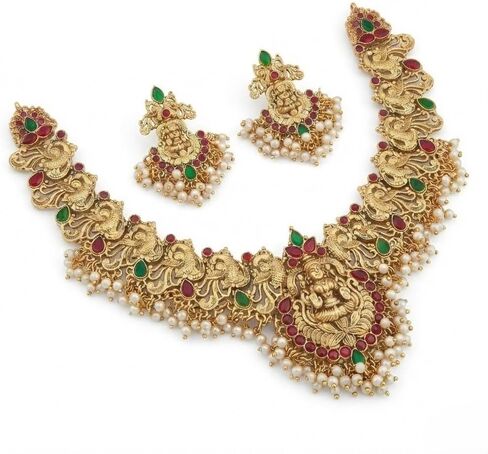 Temple Jewelry Necklace Set for Women – Gold Plated Goddess Lakshmi Design Statement Necklace with Matching Earrings, Green & Red Stones, Traditional Indian Bridal Wedding Jewelry in Saudi Arabia