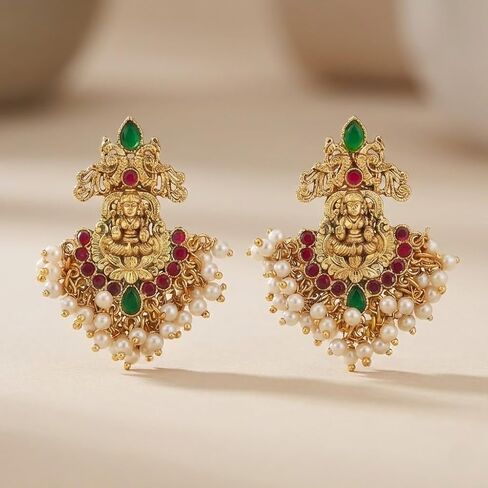 Temple Jewelry Necklace Set for Women – Gold Plated Goddess Lakshmi Design Statement Necklace with Matching Earrings, Green & Red Stones, Traditional Indian Bridal Wedding Jewelry in Saudi Arabia