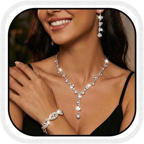 Unicra Silver Wedding Jewelry Sets Rhinestone Necklace Earrings Bracelet Set Prom Formal Costume Jewelry for Women and Brides in Saudi Arabia