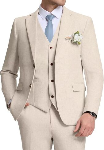 Retro Mens Linen Suit Slim Fit 3 Piece Summer Wedding Suit Casual Beach Linen Suits for Men Prom Jacket Vest Pant Set in Saudi Arabia